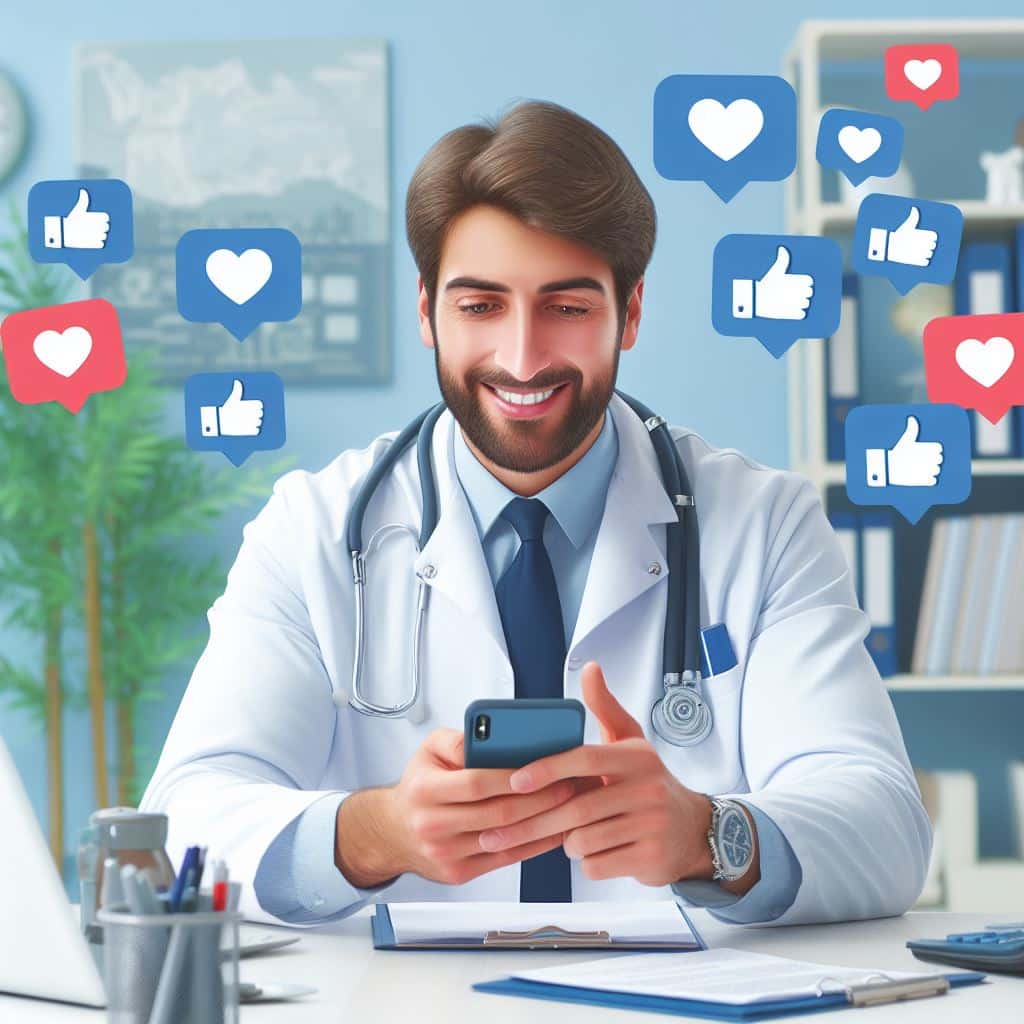 Un médecin entrain de publier du contenu de santé sur les réseaux sociaux.